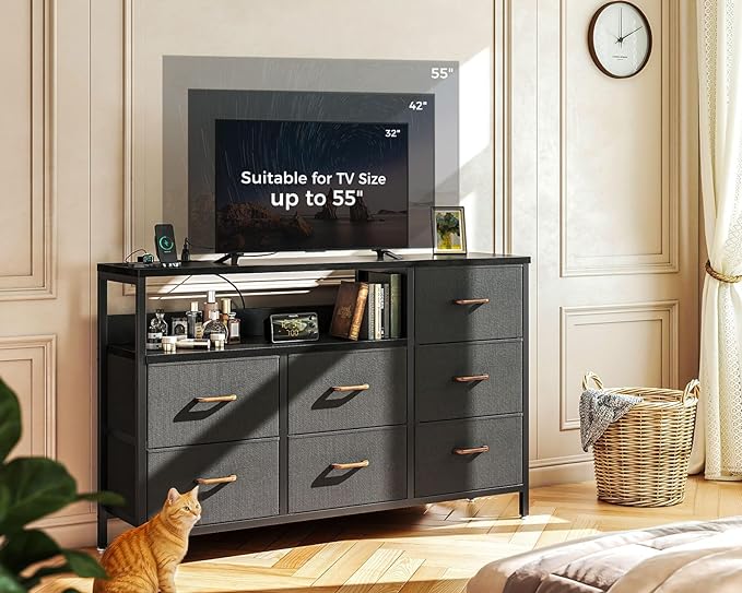 AODK Dresser with Charging Station, 52-Inch Long Dresser for Bedroom with 7 Large Fabric Drawers, Entertainment Center with Open Shelves for 55-Inch TV for Living Room, Black and Dark Grey - LeafyLoom