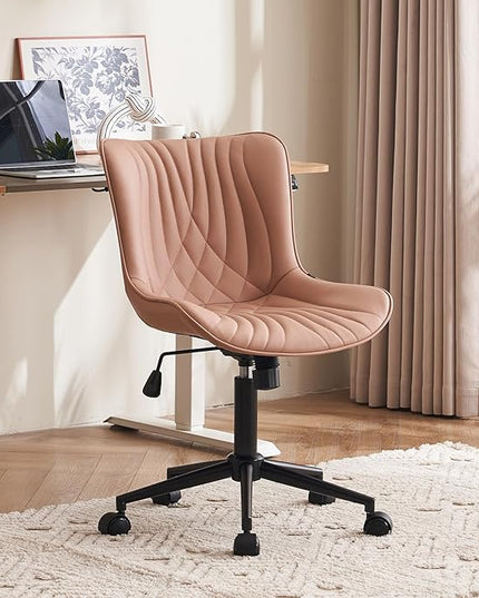 YOUTASTE Office Chair Pink Armless Desk Chair with Wheels, Modern Faux Leather Padded Computer Task Chair, Adjustable Swivel Rolling Sewing Vanity Chair with Ergonomic Rocking Back, Nude Pink - LeafyLoom
