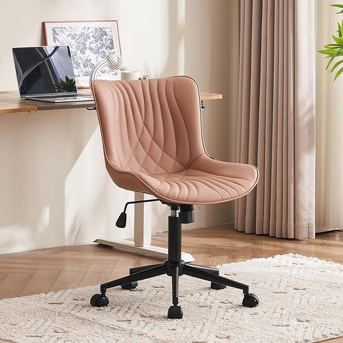 YOUTASTE Office Chair Pink Armless Desk Chair with Wheels, Modern Faux Leather Padded Computer Task Chair, Adjustable Swivel Rolling Sewing Vanity Chair with Ergonomic Rocking Back, Nude Pink - LeafyLoom