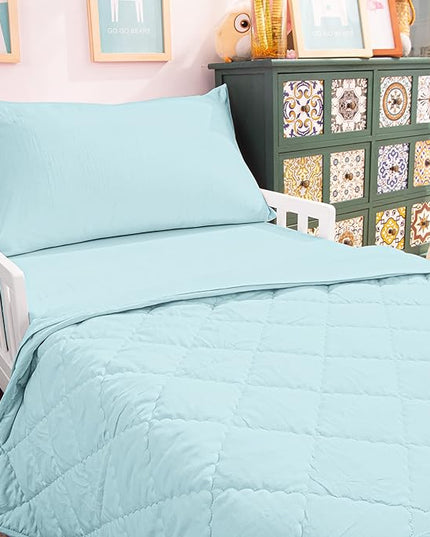 NTBAY Toddler Bedding Set - 4 Piece Soft and Breathable Crib Bedding Set for Boys and Girls, Includes Quilted Comforter, Fitted Sheet, Flat Top Sheet and Envelope Pillowcase, Aqua - LeafyLoom
