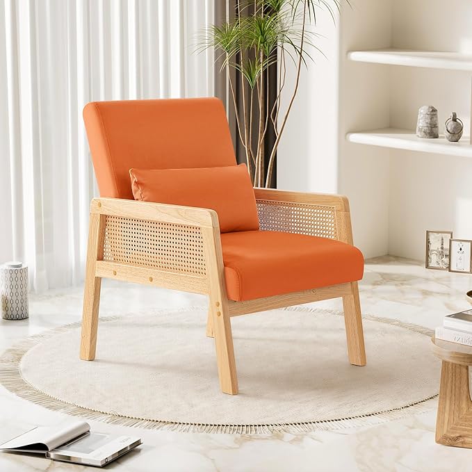 YESHOMY Mid-Century Accent Chair with Pillow Upholstered with Solid Frame & Breathable Armrest for Living Room, Orange - LeafyLoom
