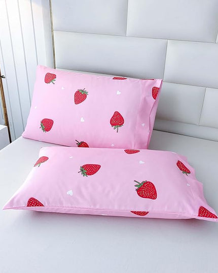SDY 3PCS Twin Size Strawberry Comforter Set, Pink Bed Set Bed in a Bag, Princess Twin Bedding Set, Kawaii Room Decor, Strawberry Bedding Kids Twin Size Comforter Set for Girls, Teen… - LeafyLoom