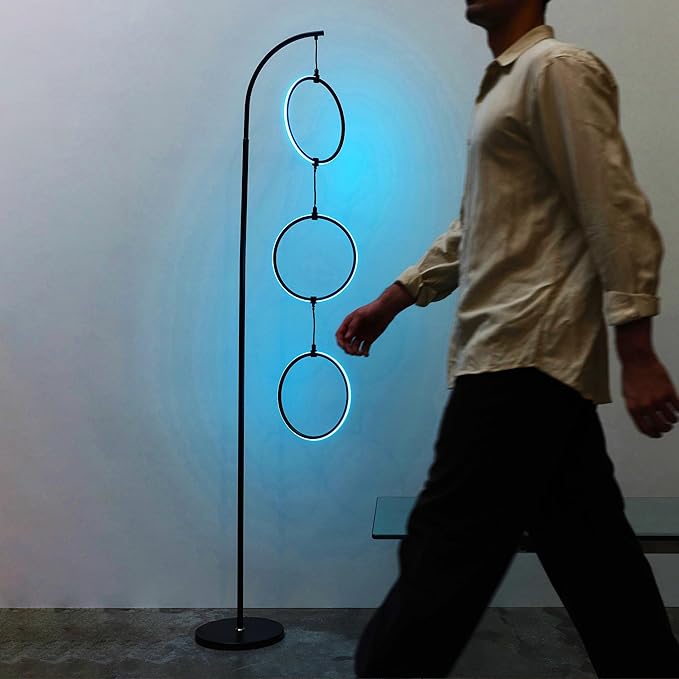 Brightech Nova Modern Color Changing Floor Lamp - LED Lamp with Stunning RGB Color Gradient and Contemporary 3-Circle Ring-Style Pendant - Corner or Over-The-Couch Arching Pole Standing Lamp - Black - LeafyLoom