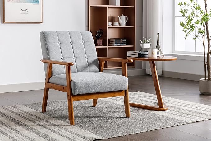 Mid-Century Accent, Modern Single Armchair, Upholstered Leisure Lounge Chair wth Solid Wood Armrest and Feet for Living Room, Bedroom, Office, Gray - LeafyLoom