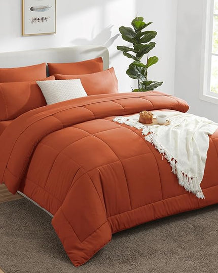 CozyLux Queen Size Comforter Set - 7 Pieces Bed in a Bag Set Burnt Orange, Bedding Sets Queen with All Season Quilted Comforter, Flat Sheet, Fitted Sheet, Pillowcases, Terracotta, Queen - LeafyLoom