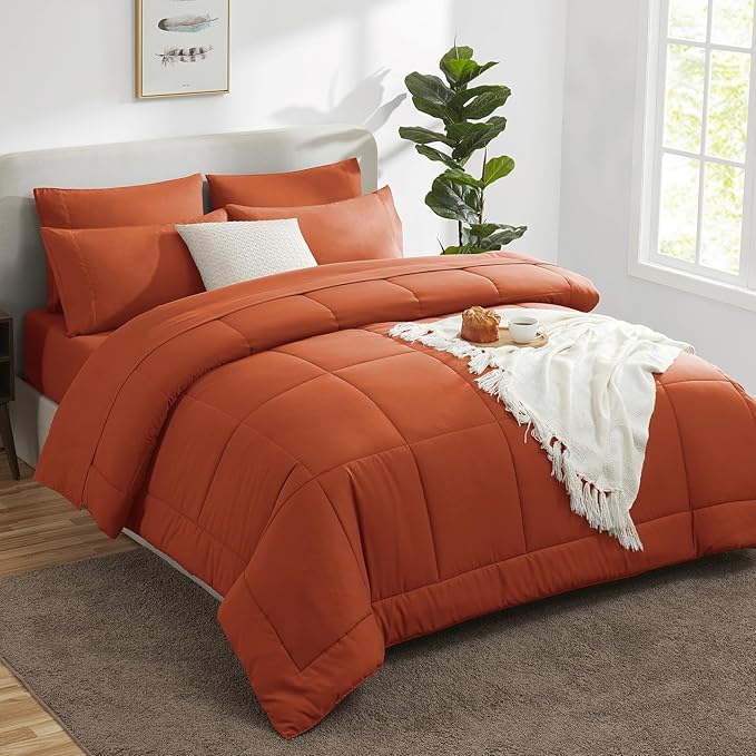 CozyLux Queen Size Comforter Set - 7 Pieces Bed in a Bag Set Burnt Orange, Bedding Sets Queen with All Season Quilted Comforter, Flat Sheet, Fitted Sheet, Pillowcases, Terracotta, Queen - LeafyLoom