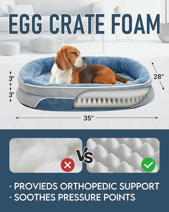 OhGeni Orthopedic Dog Bed Couch for Large Sized Pets with Egg Foam Support, Four-Sided Bolster Cushions, Soft Tear-Resistant Fabric, and Removable Machine Washable Plush Cover 35-Inch (Washed Blue) OhGeni