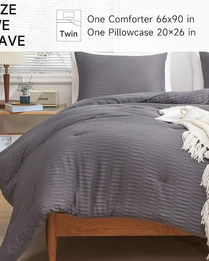 Dark Gray Seersucker Comforter Set Twin Size (66x90 in), 2 Pieces Soft Crinkled Textured Comforter with 1 Pillowcase, Lightweight Microfiber Down Alternative Bedding Set for All Season - LeafyLoom