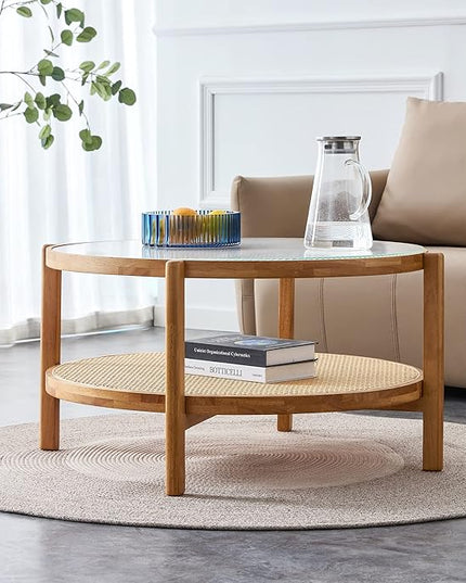 NicBex Dining Table Round Kitchen Table Contemporary Modern Minimalist Circular Double-Layer Solid Wood Coffee Table, Craft Glass Tabletop, Rattan, Solid Wood Frame, Natural Wood - LeafyLoom