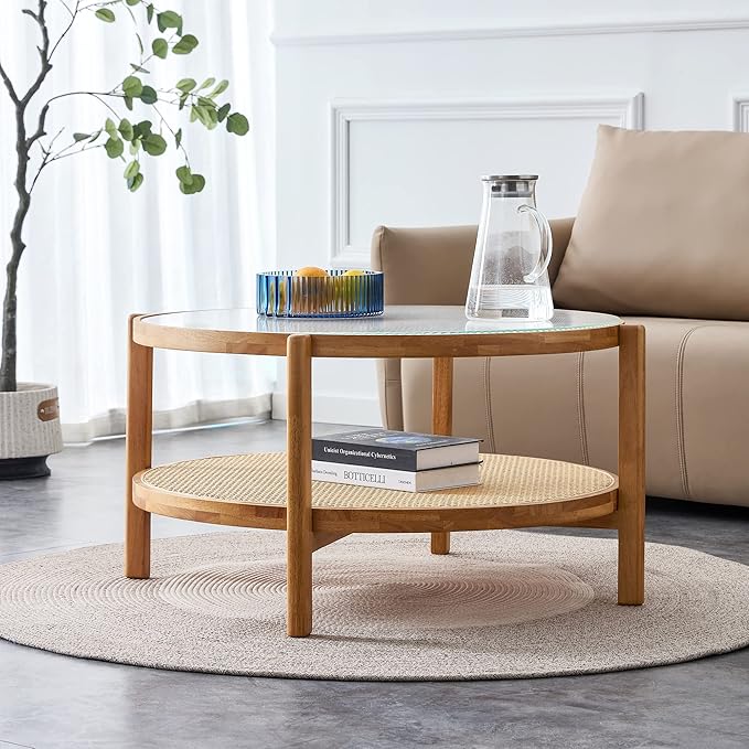 NicBex Dining Table Round Kitchen Table Contemporary Modern Minimalist Circular Double-Layer Solid Wood Coffee Table, Craft Glass Tabletop, Rattan, Solid Wood Frame, Natural Wood - LeafyLoom