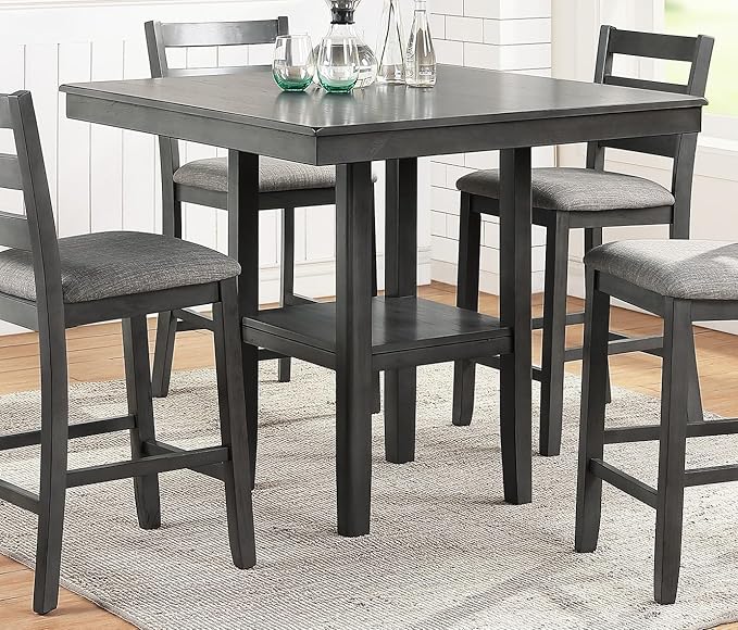 NicBex Small Dining Table Set for 4 Breakfast Nook Table Set Counter Height 5Pc Set Square Dining Table with Shelves Cushion Seat Ladder Back High Chairs Solid Wood, Grey - LeafyLoom
