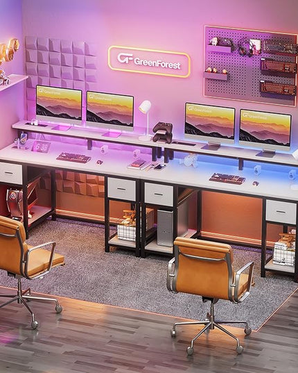 GreenForest Computer Desk with 2 Drawers and Power Outlets,50 Inch Office Desk with 2 Monitor Stands and Fabric File Cabinet, Reversible Gaming table with Led Lights and Shelves, Work Desk, White - LeafyLoom