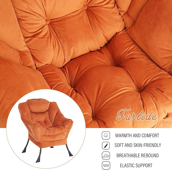 Lazy Chair with Ottoman, Modern Chair with Folding Footrest, Lounge Accent Chair, Comfortable Reading Chair, Oversized Armchairs for Bedroom, Study, Living Room, Courtyard (Orange) - LeafyLoom