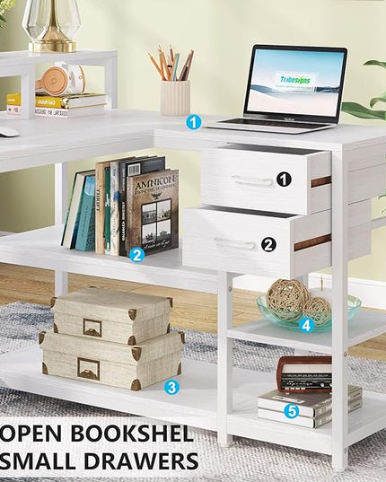 Reversible L-Shaped Computer Desk with hutch & Shelf,white - LeafyLoom