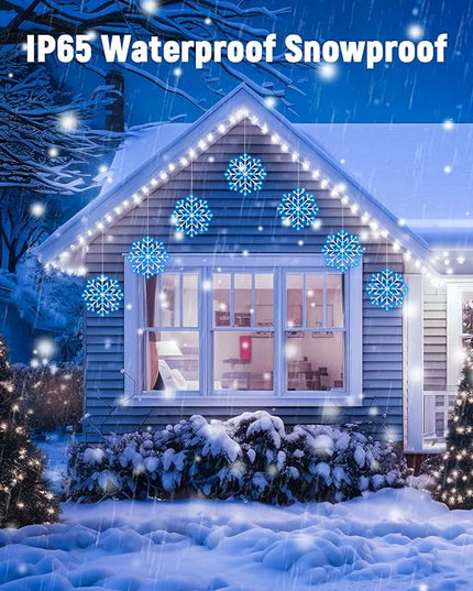 Christmas Snowflake Icicle Lights Outdoor - Plug-in 23.6ft 10 Drops 480LED Snowflake Window Lights, Connectable for Indoor Outdoor Porch Eaves Rooftops Canopy Christmas Decoration, Blue and White Brightown