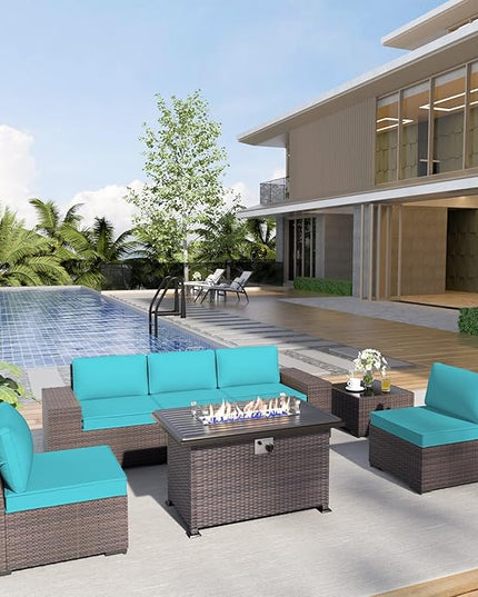 Patio Furniture Sectional Sofa Set 7 Pieces PE Rattan Outdoor Furniture w/43in Gas Fire Pit Table, Patio Conversation Set with 55000 BTU Propane Fire Pit, Blue - LeafyLoom