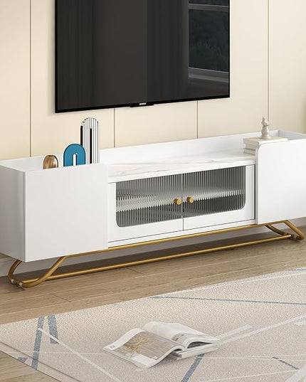 Merax Sleek Design TV Stand with Fluted Glass and Gold Frame Base, Contemporary Entertainment Center for Television Up to 65" Faux Marble Top Console Table for Living Room, 63.07 inch Length, White - LeafyLoom