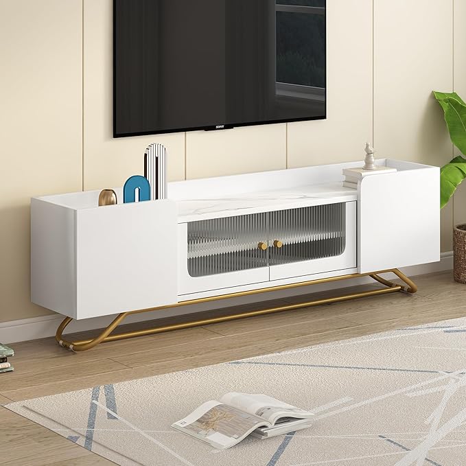 Merax Sleek Design TV Stand with Fluted Glass and Gold Frame Base, Contemporary Entertainment Center for Television Up to 65" Faux Marble Top Console Table for Living Room, 63.07 inch Length, White - LeafyLoom