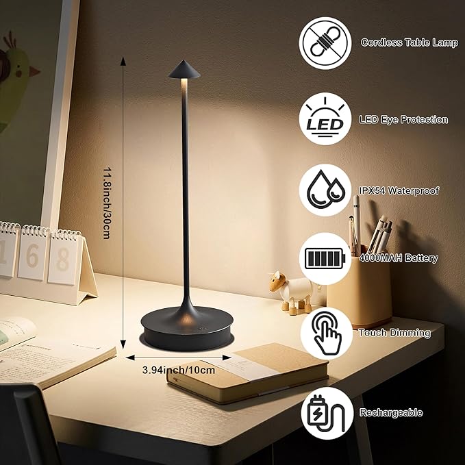 Cordless Table Lamps Rechargeable, LED Desk Lamp 4000mAh Battery Operated Outdoor Waterproof Portable Touch Dimmable Table Light for Patio/Restaurant/Bar/Indoor (Black-1PC) - LeafyLoom