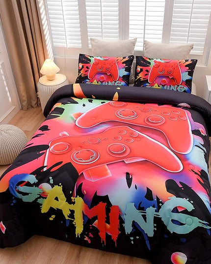 Aimuan Gaming Comforter Sets for Boys Kids Bedding Sets Video Games Console Action Buttons Novelty Colorful Game Gamepad Controller Modern Gamer Room Decor Home Quilt Set (Twin, Black) - LeafyLoom