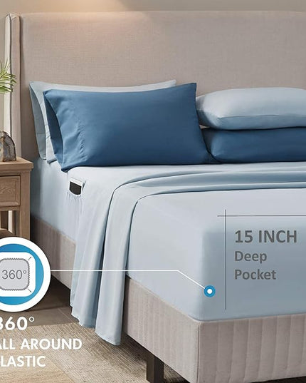Comfort Spaces Bed in A Bag - Trendy Casual Design Cozy Comforter with Complete Sheet Set with Side Pocket, All Season Cover, Matching Shams, Full(80"x90"), Gloria, Damask Blue 9 Piece - LeafyLoom