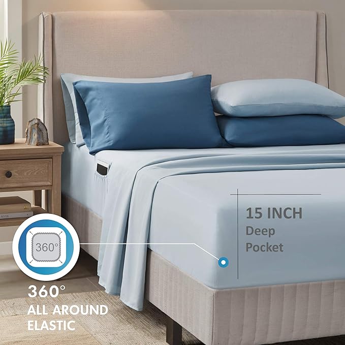 Comfort Spaces Bed in A Bag - Trendy Casual Design Cozy Comforter with Complete Sheet Set with Side Pocket, All Season Cover, Matching Shams, Full(80"x90"), Gloria, Damask Blue 9 Piece - LeafyLoom