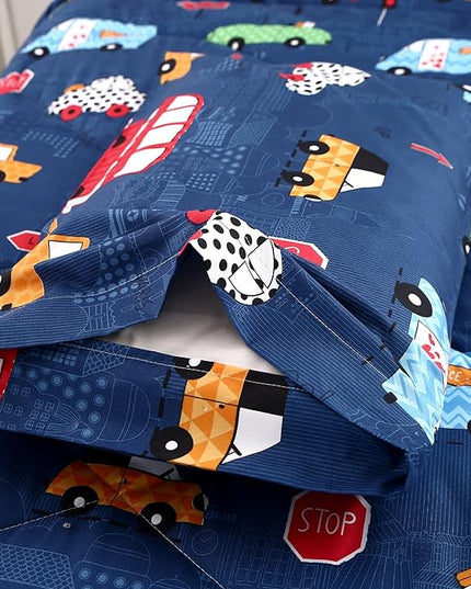 MAG 3Pcs Cartoon Car Comforter Set, Blue Cute Base Full Bedding Comforter Set,for Toddlers Kids,Boys Teens and Girls,Super Soft Microfiber, Full Size - LeafyLoom