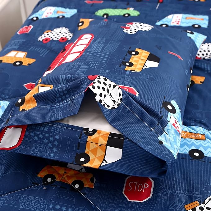 MAG 3Pcs Cartoon Car Comforter Set, Blue Cute Base Full Bedding Comforter Set,for Toddlers Kids,Boys Teens and Girls,Super Soft Microfiber, Full Size - LeafyLoom