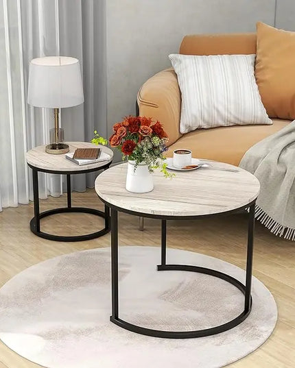 Round Coffee Table Set of 2 for Living Room,Black Small Coffee Table Living Room Table,Nesting Tables Metal Frame/Wood,Sturdy and Easy Assembly,Stacking Side Tables Bedroom,White Oak - LeafyLoom