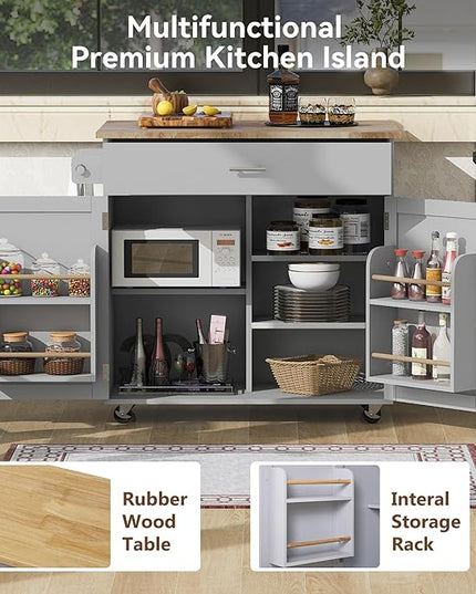 Island with Storage, Rolling Kitchen Cart on Wheels w/Drop Leaf, Internal Cabinet, Adjustable Shelf Towel Rack and Rubber Wood Countertop, for Dining Room, Home, Grey, 39 Inch - LeafyLoom