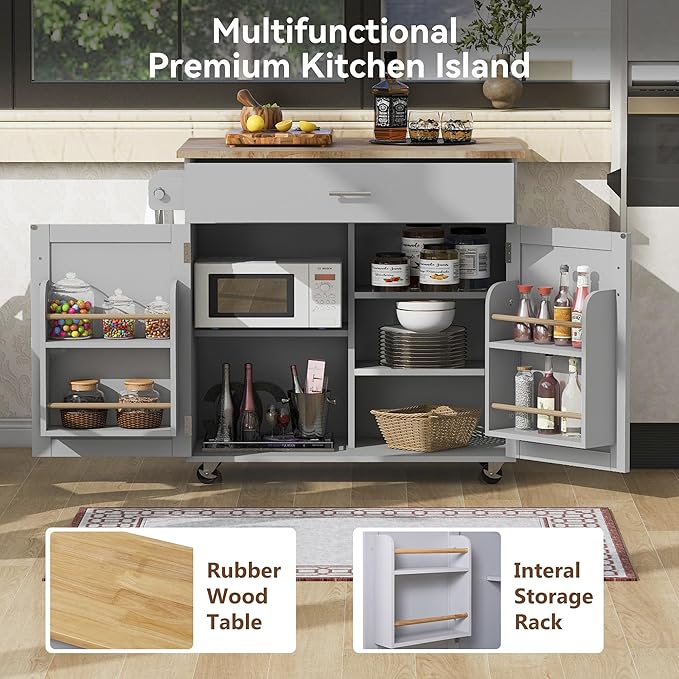 Island with Storage, Rolling Kitchen Cart on Wheels w/Drop Leaf, Internal Cabinet, Adjustable Shelf Towel Rack and Rubber Wood Countertop, for Dining Room, Home, Grey, 39 Inch - LeafyLoom