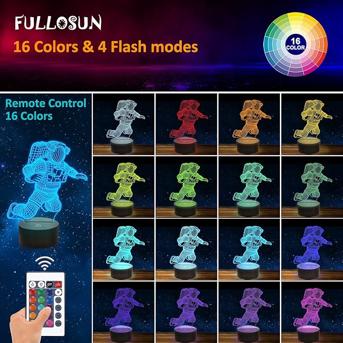 FULLOSUN Spaceman 3D Night Light, Astronaut Rocket Optical Illusion Lamp Birthday Gift Idea for Outer Space Fan Xmas, Living Room Decor Night Light with 7 Colors Changing - LeafyLoom