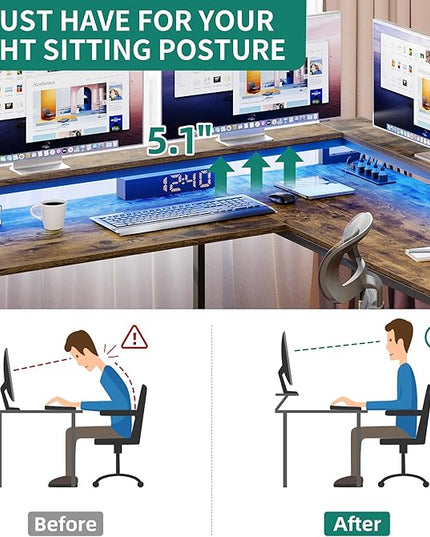 YITAHOME L Shaped Desk with Power Outlets & LED Lights, Reversible Computer Desk with Drawers & Hutch, Corner Desk Office Desk with Monitor Stand, Printer Stand, 2 Person Desk, Rustic Brown - LeafyLoom