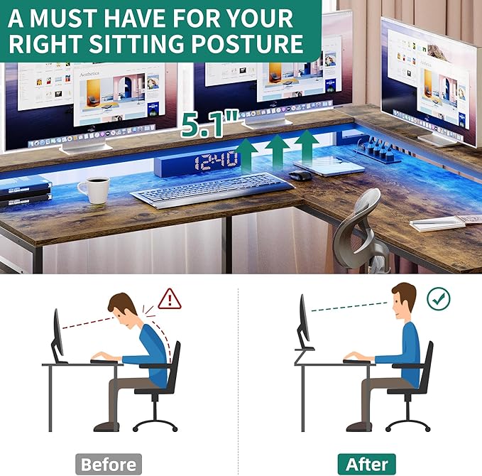 YITAHOME L Shaped Desk with Power Outlets & LED Lights, Reversible Computer Desk with Drawers & Hutch, Corner Desk Office Desk with Monitor Stand, Printer Stand, 2 Person Desk, Rustic Brown - LeafyLoom