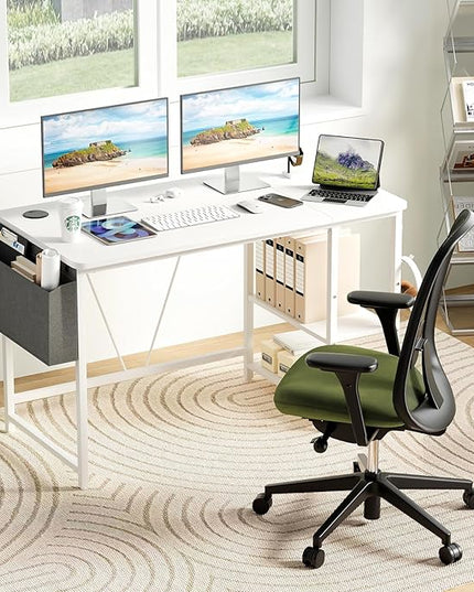 Computer Desk, 47.2” Home Office Desks, Modern Small Desk for Bedroom, Gaming Desk with Iron Hook and Height Adjustable Feet, Sturdy Student Writing Desk with Storage Bag, Storage Shelves - LeafyLoom