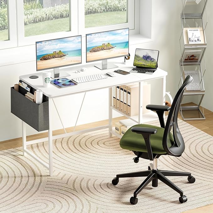Computer Desk, 47.2” Home Office Desks, Modern Small Desk for Bedroom, Gaming Desk with Iron Hook and Height Adjustable Feet, Sturdy Student Writing Desk with Storage Bag, Storage Shelves - LeafyLoom