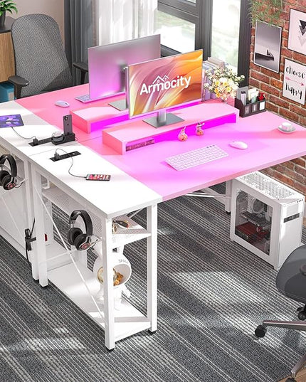 armocity Computer Desk with LED, Gaming Desk with Outlets, 40 Reversible Laptop Table with Monitor Stand, Small Desk for Small Spaces, Pink - LeafyLoom