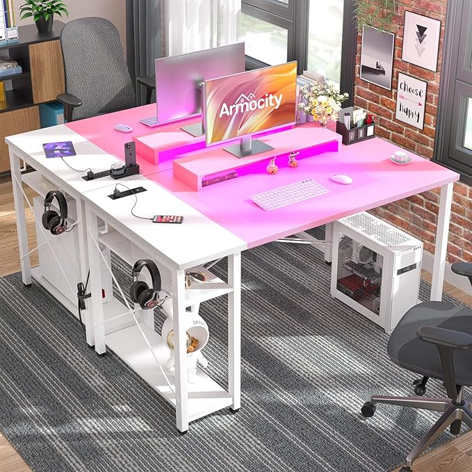 armocity Computer Desk with LED, Gaming Desk with Outlets, 40 Reversible Laptop Table with Monitor Stand, Small Desk for Small Spaces, Pink - LeafyLoom