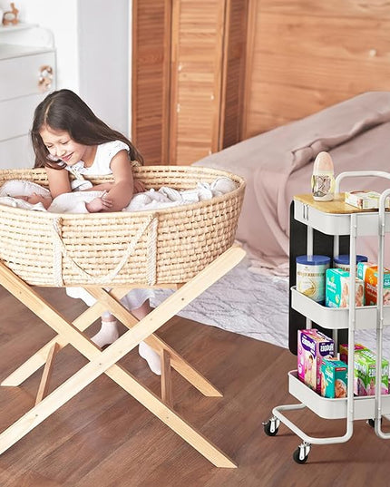 DTK 3 Tier Metal Utility Rolling Cart with Table Top and Side Bags, Metal Tray Storage Organizer Cart with Wheels, Art Craft Cart with 4 Hooks for Kitchen Bathroom Office Living Room (White) - LeafyLoom