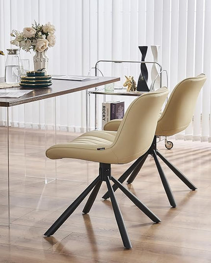 YOUNUOKE Upholstered Dining Chairs Set of 2 Comfortable Mid Century Modern Kitchen Chair with Sturdy Metal Legs Faux Leather Dinner Chairs for Kitchen Dining Room, Beige - LeafyLoom