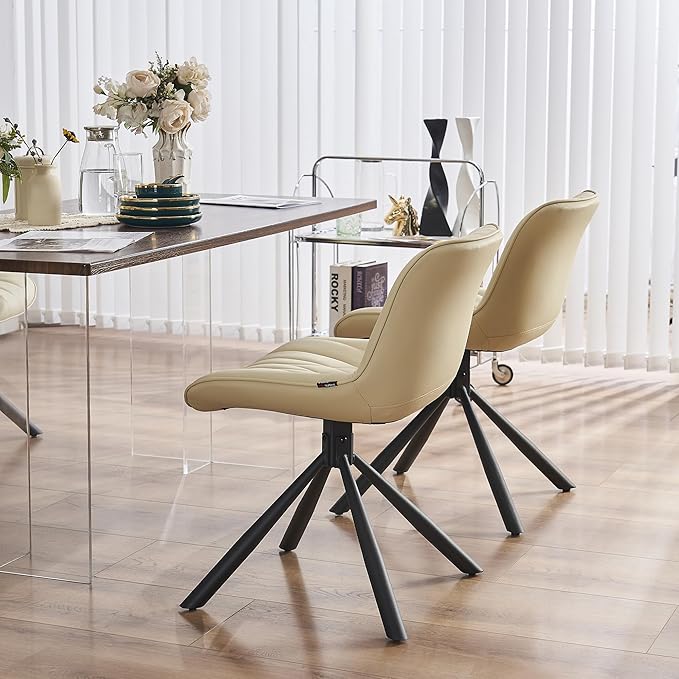 YOUNUOKE Upholstered Dining Chairs Set of 2 Comfortable Mid Century Modern Kitchen Chair with Sturdy Metal Legs Faux Leather Dinner Chairs for Kitchen Dining Room, Beige - LeafyLoom