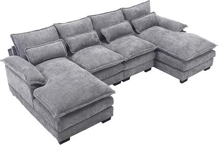 6 Seater Overstuffed Modular Sectional Sofa Cloud Couch with Double Chaise Lounge, U Shaped Chenille Upholstered Leisure Sofa&Couches with Memory Foam and Waist Pillows for Living Room Office - LeafyLoom