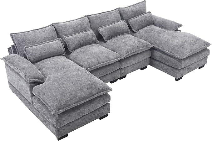 6 Seater Overstuffed Modular Sectional Sofa Cloud Couch with Double Chaise Lounge, U Shaped Chenille Upholstered Leisure Sofa&Couches with Memory Foam and Waist Pillows for Living Room Office - LeafyLoom