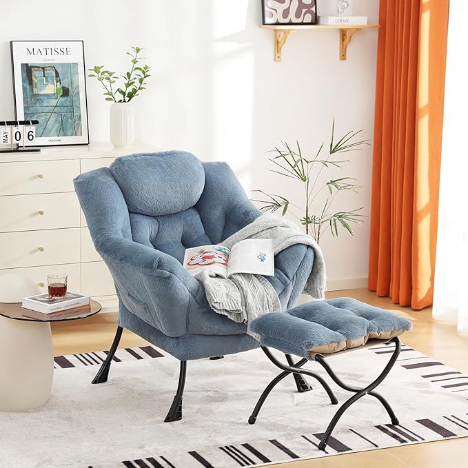 Cozy Lazy Chair and Ottoman, Large Contemporary Accent Lounge Chair Set, Leisure Upholstered Reading Armchair for Bedroom, Living Room, Dorm Rooms, Office - LeafyLoom