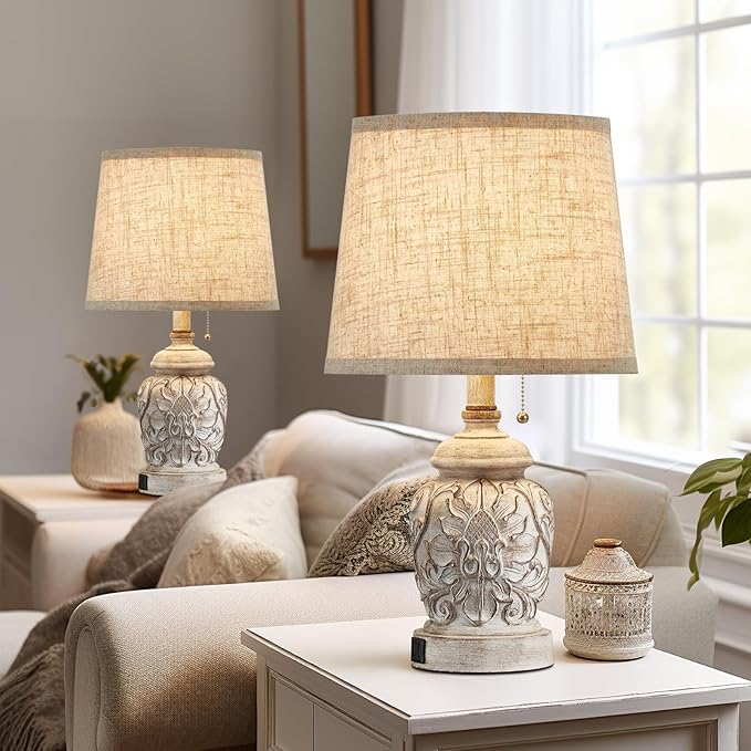 19.5" Vintage Rustic Table Lamp Set of 2 Farmhouse Table Lamps for Living Room Bedroom Decor with USB Ports Traditional Carved Floral White Bedside Night Light Lamps with Pull Chain Switch - LeafyLoom