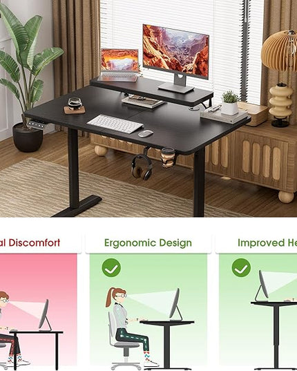 Electric Standing Desk with Monitor Shelf, 47 x 24 Inches Height Adjustable Corner Table, Computer Workstation with Cup Holder and Hook for Home Office, Black, 47x24 Inch - LeafyLoom