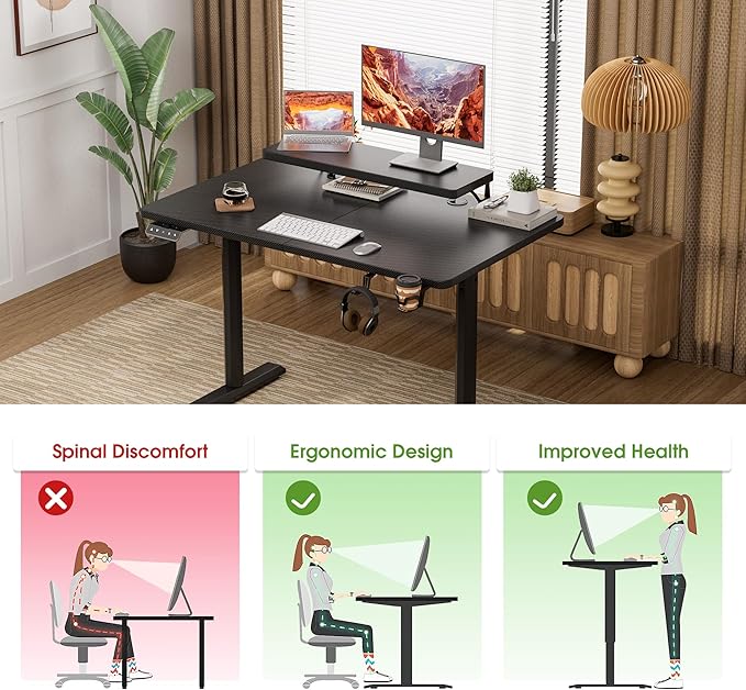 Electric Standing Desk with Monitor Shelf, 47 x 24 Inches Height Adjustable Corner Table, Computer Workstation with Cup Holder and Hook for Home Office, Black, 47x24 Inch - LeafyLoom