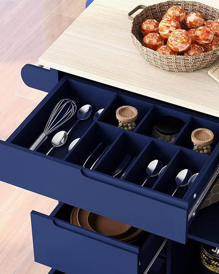53Inch Kitchen Island Table with Rubber Wood Countertop & Storage, Kitchen-Cart on Locking Wheels w/ 8 Handle-Free Drawers and Side Rack, for Dinning Room, Coffee Bar Service - LeafyLoom