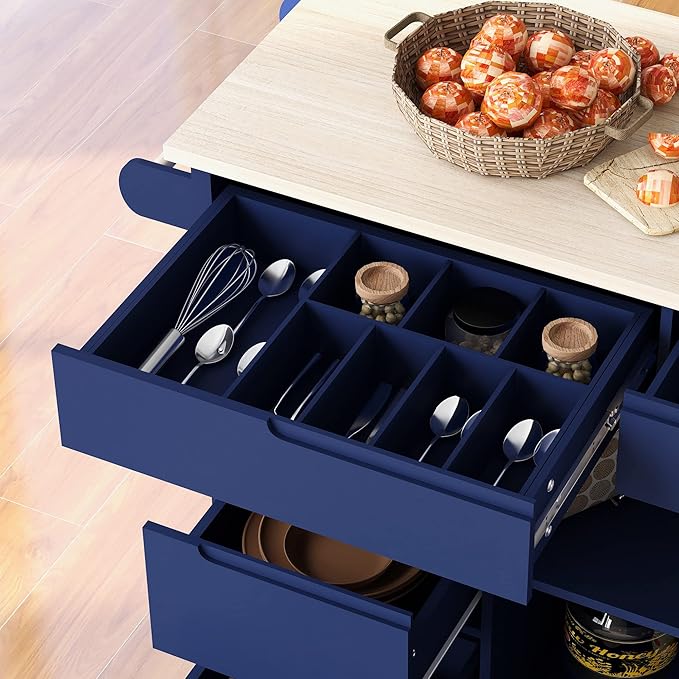 53Inch Kitchen Island Table with Rubber Wood Countertop & Storage, Kitchen-Cart on Locking Wheels w/ 8 Handle-Free Drawers and Side Rack, for Dinning Room, Coffee Bar Service - LeafyLoom