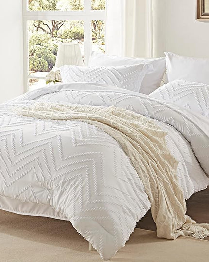 Anluoer King Bed in a Bag 7 Pieces,White Tufted Comforter Set with comforters and sheets, All Season Bedding Sets with 1 Comforter, 2 PillowShams, 2 Pillowcases, 1 Flat Sheet, 1 Fitted Sheet - LeafyLoom